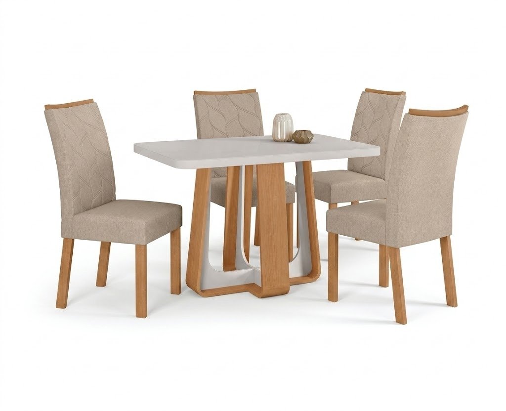 Mesa Sintonia (Tampo Maxi) 120 Amêndoa Clean/Off White com 4 Cadeiras Rayla Linho Bege – LOPAS - Imagem 2