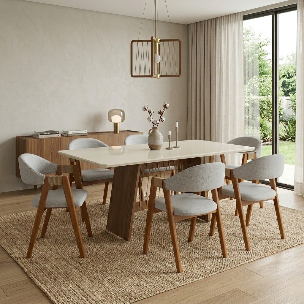 Mesa Damiana BA56 160 Canela/Off White com 6 Cadeiras Ravenna Linho Cinza – KAPPESBERG + GARDIM MÓVEIS