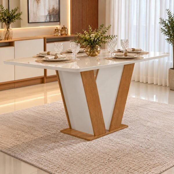 Mesa Qatar 160 (Tampo Londres c/ vidro) Off White/Cinamomo/Off White - CEL MÓVEIS