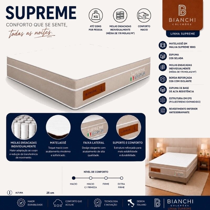 Colchão Queen Supreme 25 cm D26 Molas Ensacadas - BIANCHI - Imagem 2