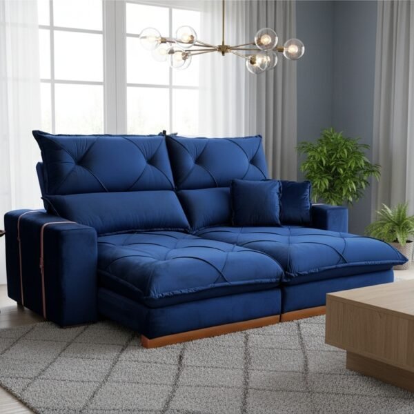 Sofá Retrátil e Reclinável Gran Bello Light 2,30 m Veludo Azul - QUINE ESTOFADOS