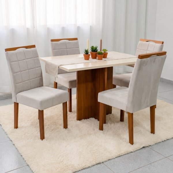 Mesa Salinas 100 (Tampo Dakota s/vidro) Cinamomo/Off White com 4 Cadeiras Las Vegas Veludo Bege 01 – CEL MÓVEIS + OURO DECOR