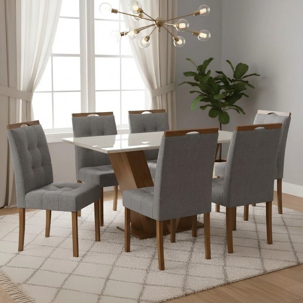 Mesa Classic 160 Cinamomo/Off White com 6 Cadeiras Sophia Veludo Cinza Grafite 102 – CEL MÓVEIS + WM DECOR