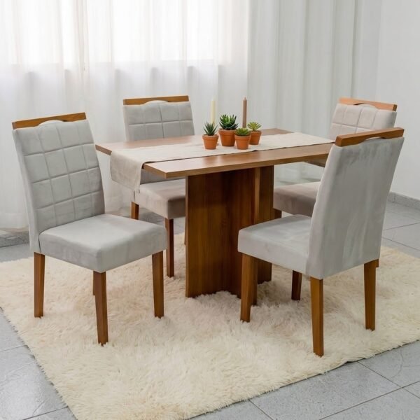Mesa Salinas 100 (Tampo Dakota s/vidro) Cinamomo com 4 Cadeiras Las Vegas Veludo Bege 01 – CEL MÓVEIS + OURO DECOR