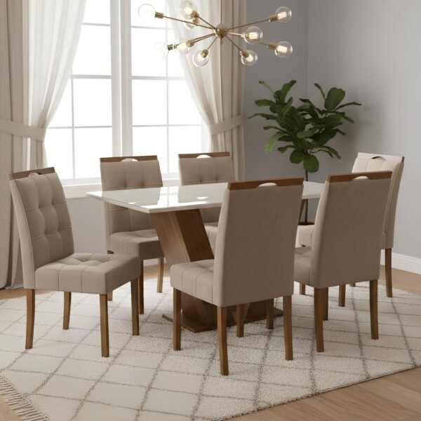Mesa Classic 160 Cinamomo/Off White com 6 Cadeiras Sophia Veludo Bege – CEL MÓVEIS + WM DECOR