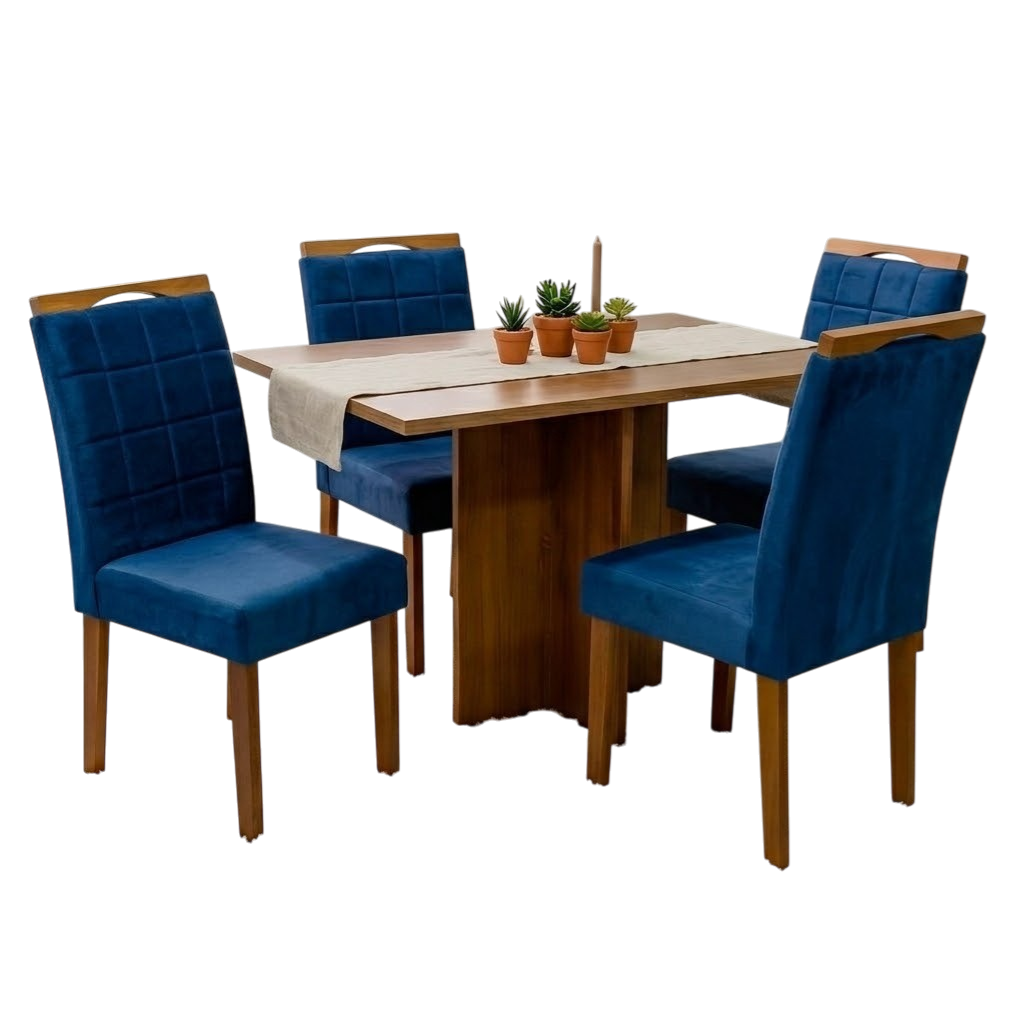 Mesa Salinas 100 (Tampo Dakota s/vidro) Cinamomo com 4 Cadeiras Las Vegas Veludo Azul 24 – CEL MÓVEIS + OURO DECOR - Imagem 2